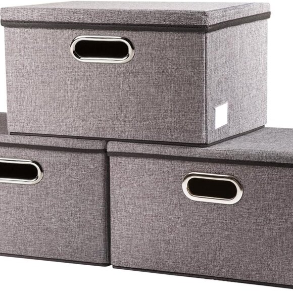 Storage Bins with Lids [3-Pack] Linen Fabric Foldable Storage Boxes Organizer Co - Picture 1 of 6